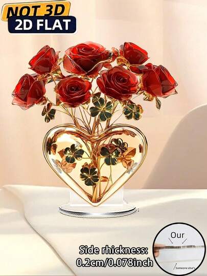 2D亚克力印花浪漫爱心玫瑰摆件 - 情侣、家庭、办公室、咖啡馆的理想之选，房间装饰 - 轻巧耐用，适合室内家居装饰，适用于客厅、餐桌、办公室 - 免维护，现代优雅装饰，光滑表面，适合各种房间类型，时尚桌面点缀