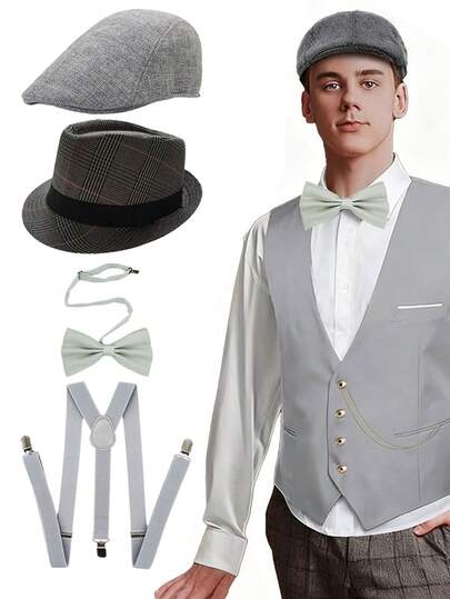 4Pcs Forever & Moment 1920s Men's Casual Ball Costume Accessories Set, Beret/Plaid Fedora Hat, Pre-Tied Bow Tie, Y-Back Suspenders - For Retro Party Daily Wear Dance Performances Cosplay Gatsby Gala Attire