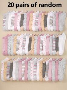 20 Pairs Kids Ankle Socks, Sports Socks For Back To School, Striped, Heart, Polka Dot, Solid Color Styles, Suitable For Girls Daily Wear, Fit For Children Aged 1-16, All Season, Breathable Soft And Comfortable, Suitable For Holiday Gifts - Multicolor - View 10