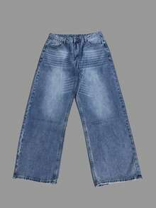 1件 Justice Brother 复古水洗宽松阔腿牛仔裤，休闲情侣款（破洞裤脚） - 薄荷藍 - 查看 9