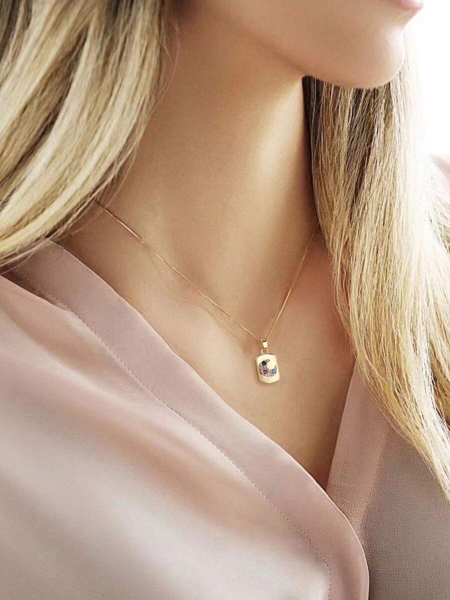 1 chiếc dây chuyền mặt vuông đính đá Zirconia nhiều màu sắc, thời trang, thanh lịch, giản dị, kèm dây vàng. - Vàng - Xem 1