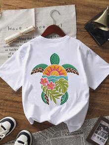 夏季新款简约时尚刺绣海龟印花休闲圆领短袖T恤，百搭时尚女式上衣 白色 - 白色 - 查看 2