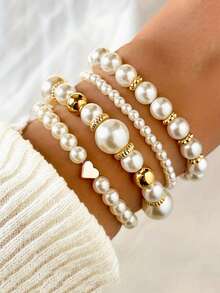 4pcs/Set Heart-Shaped Faux Pearl Bracelet Set For Women - Multicolor - View 6