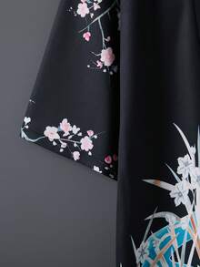 复古优雅奢华度假风宽松中长浴袍，可作睡衣、薄款外套、时尚休闲家居服、夏季沙滩比基尼罩衫、和服式罩衫、防晒外套（黑色） - 黑色 - 查看 8