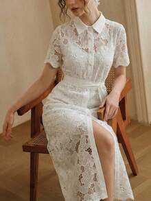 优雅奢华衬衫领开襟纽扣腰带喇叭袖女士修身奢华连衣裙 白色夏季 - 白色 - 查看 6
