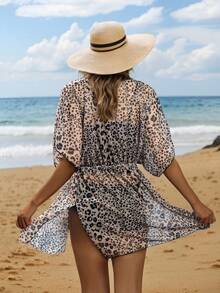 Beige Leopard Print Deep V-Neck Tie-Waist Short Sleeve Sheer Beach Cover Up Vacation - Multicolor - View 5