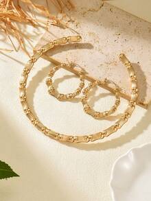 Set de 3 piezas de collar y aretes de bambú dorado minimalista y versátil, conjunto de joyas de estilo casual para uso diario y de fiesta para mujeres - Amarillo Oro - Ver 7