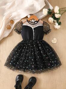 1pc Girls Casual Solid Color Soft Comfortable Woven Fabric With Ruffle Splice Star & Polka Dot Pattern Mesh Bubble Short Sleeve Mid-Length Dress, Suitable For Outdoor Wear, Spring/Summer - Black - View 2