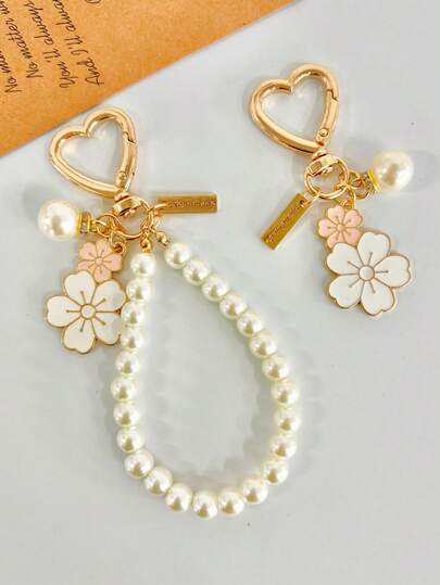 1pc Women's Fashion Pearl & Sakura Flower Keychain, Minimalist Backpack Pendant, DIY Elegant Faux Pearl Beaded Keychain, Backpack, Earphone Decoration Accessory