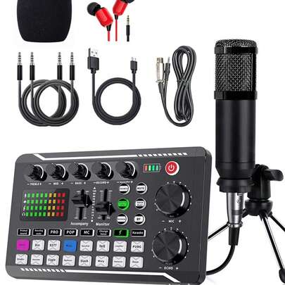 BM800 电容麦克风 + F998 声卡套装，适用于电脑录音、游戏语音聊天、高品质采样、家庭使用，也是生日、圣诞节、感恩节、新年等节日的理想礼物。