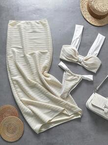 3pcs Women's Sexy Beachwear Swimwear Bright Yellow Bandeau Bikini Swimwear Set Coverups Dress Beachwear For Holidays,Easter,Holiday Outfits,Going Out Tops,Date Night Outfits Women,All Women Clothes,Fall Clothes - 白色 - 查看 3