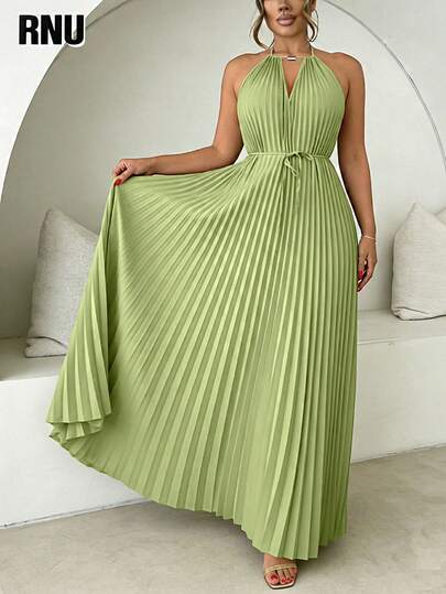 RNU Vestido sin mangas con cuello en V hueco, cintura plisada y anudada, de tela tejida de unicolor, estilo retro sexy Y2K elegante y casual para mujer de talla grande. Adecuado para vacaciones, citas nocturnas, días festivos, bodas, uso diario, fiestas de cumpleaños, cenas formales, regreso a la escuela, fiestas de solteros, viajes, actuaciones, fiestas del té, festivales de música country, atuendos de aeropuerto, en color verde, para primavera/verano