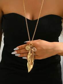 1件时尚金属简约创意金属叶子吊坠Y形长项链，适合日常佩戴、派对和节日场合。 - 金黃色 - 查看 4