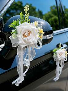 2朵玫瑰花汽车装饰（带吸盘），配绿叶、白色小花和紫白薄纱丝带装饰，适合浪漫场合，例如婚车装饰。 - 多色 - 查看 23