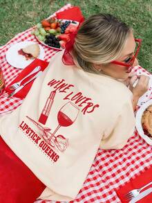 夏季女士酒杯字母印花圆领米色短袖T恤，休闲宽松百搭度假风上衣，适合假日和夏季时尚穿着 - 杏色 - 查看 2