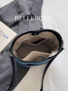 Contrast Color Denim Retro Bucket Tote Bag, Commuter Handbag For Women - Black - View 10