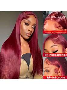 8-36英寸 99j 酒红色蕾丝前假发，真人混纺发丝，13x4 酒红色假发，180% 密度，酒红色直发蕾丝前假发，预先拔毛，无胶前额假发，女士款（混纺假发 - 真人发丝与合成纤维混合）真人混纺假发/女士真人混纺假发/真人混纺蕾丝前假发/无胶假发/漂白发结/预先拔毛/蕾丝假发/提升您的造型/增强自信/完美礼物 - S99J - 查看 6