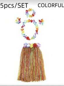 五件套夏威夷风情派对裙装——完美适用于化装舞会、成人夏威夷主题派对、夏季派对、生日派对和万圣节派对 - 彩色 - 查看 3