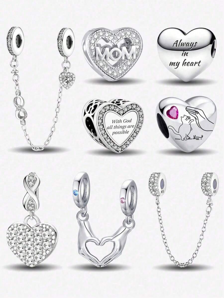 1 pieza Colgante con forma de corazón brillante y con cuentas, adecuado para hacer pulseras, brazaletes y joyería DIY, y para uso diario, apropiado para niñas - Plateado - Ver 1