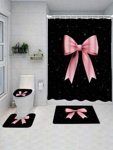 1/4pcs Pink Ribbon Bow Pattern Bathroom Set, Including Shower Curtain, Bath Mat, Toilet Lid Cover, And U-Shaped Mat - A - View 18