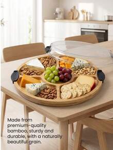 Bộ đồ dùng phục vụ bằng tre cao cấp 2 trong 1: Khay tròn có nắp và hộp đựng đồ ăn nhẹ hình vuông có tay cầm và nắp, lý tưởng để đựng phô mai, kẹo, món khai vị, dùng trong các buổi họp mặt gia đình và làm quà tặng. - Xem 2