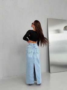 SQUALO Women's Light Blue Slit Denim Midi Skirt - 100% Cotton - Blue - View 3