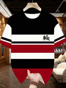 Plus Size Men's Casual Round Neck T-Shirt, Polyester Knit Fabric Comfortable & Breathable, Fashion Contrast Color Plaid Print, Casual Street Striped Plaid Contrast Color Patchwork Design Fresh Series, Creative Personalized Top - Black - View 3