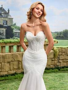 鱼尾婚纱、新娘主头纱、无肩带刺绣网纱拖尾婚纱、白色婚纱、教堂婚礼礼服、私人婚礼礼服 - 白色 - 查看 11