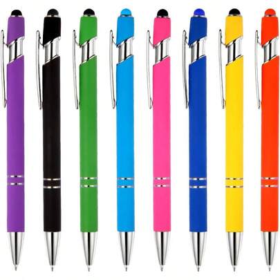 8 Pack Ballpoint Pen 2 - In - 1 Stylus Retractable Metal Stylus Pens Screens With Stylus Tip, 1.0 Mm Black Ink