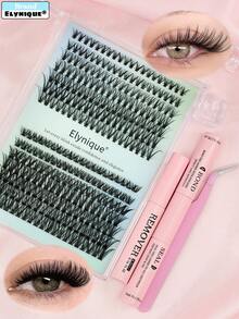 30p+60p 假睫毛套装 DIY 睫毛簇 单根嫁接睫毛，含睫毛粘合剂和密封剂、卸除剂、镊子，适用于假睫毛，浓密型睫毛簇，柔软睫毛带，纤细自然，大托盘装（30p+60p-0.07-D，8-16mm） - 黑色 - 查看 3
