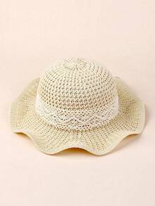女童清新蕾丝蝴蝶结草帽，波浪帽檐遮阳帽，儿童透气编织帽，适合夏季外出 - 1PC - 查看 5