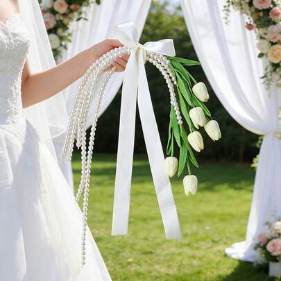 Ramo de novia, ramo de cascada de boda blanco con perlas, ramo de flores artificiales, adecuado para ceremonia de boda, boda en la iglesia