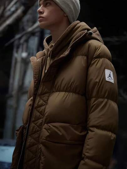 Nike Jordan Air Solid Color Logo Zip-Up Hooded Long-Sleeve Thick Down Jacket For Men, Green