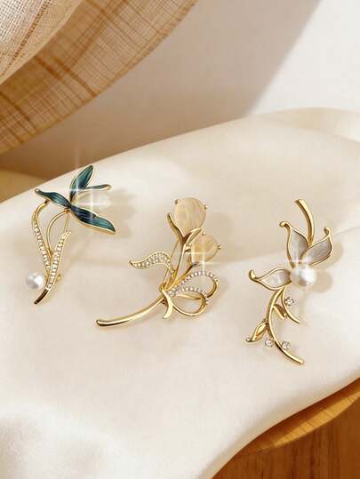 3 piezas Juego de broches de flores de tulipán y magnolia elegantes y de lujo, adecuados para cumpleaños, regalos festivos, versátiles para uso diario en vestidos, bufandas (cristales sintéticos de tamaños variables, de calidad resistente)