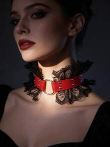 1 件哥特式红黑蕾丝 PU 皮革项圈，铆钉金属环项圈，派对吸睛领饰，节日角色扮演配饰 - 頸部裝飾 - 查看 1