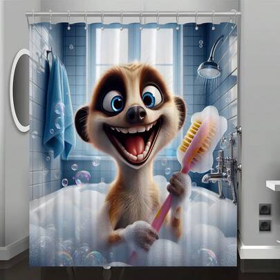 1pc Cartoon Ferret Shower Curtain - Vibrant Blue & White Design With Soap Bubbles, Machine Washable Polyester Fabric, Suitable For All Seasons, Includes Hooks, Great For Bathroom Decor, Bathroom Curtain | Playful Animal Design | Durable Shower Curtain