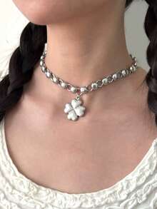 1件 2026春夏新款镂空四叶草吊坠项链，银色Y2K时尚朋克风，适合女性派对佩戴 - 銀色 - 查看 1