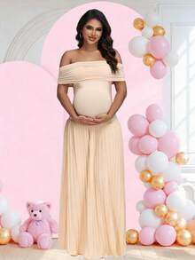 JustVH Vestido de fiesta de maternidad con hombros descubiertos, bajo con volantes, vestido formal largo para baby shower de mujer - Albaricoque - Ver 3