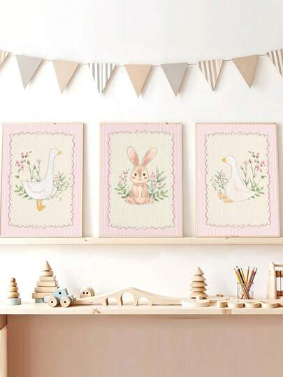 1pc Canvas Wall Art With Frame, Cute Pink Goose Theme Decor For Kids Room, Pink Rabbit Wall Art, Sweet Floral Kids Room Decor, Girls Room Wall Art, Small Animal Art Print, Farmhouse Style, Children's Room Wall Decor, Nursery Poster, Easter Decoration, Spring Kindergarten Decor, Ideal For Kids Room, Playroom, Nursery, Girls Bedroom, Boys Bedroom, Girls Room Decoration