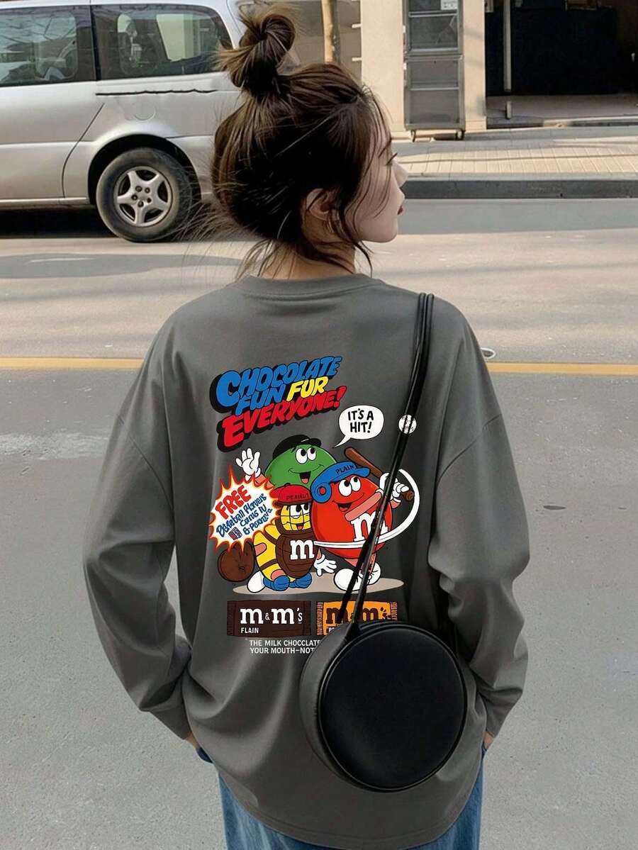 Domestic Shipping. New For Fall. Black Long-Sleeved T-Shirt For Women. Printed, Loose-Fitting, Korean-Style Top. Fall Clothing. Y2K Top. Korean Casual. Oversized. - 深灰色 - 查看 1