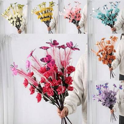 1/2/3/4/5/6PCS Artificial Butterfly Rose Bouquets, Suitable For Home Decoration, Spring Decoration, Biomimetic Butterfly Parking, Lifelike, Suitable For Weddings, Celebrations, Daily Decoration, Spring And Summer Season, Mother's Day Decoration