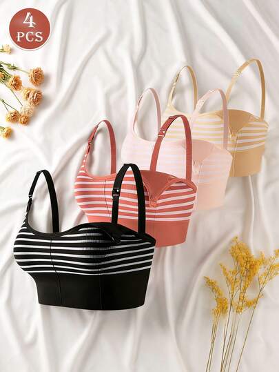 4pcs Seamless Nursing Maternity Bras, Wireless Striped Contrast Color Double Layer Padless Breastfeeding Bras
