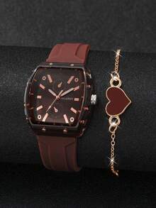 2pcs/Set Women's Silicone Watch With Barrel Shape Dial, Numeric Scale Dial, & Elegant Quartz Wristwatch + Heart-Shaped Bracelet (Watch Box Not Included) - Brown - View 3