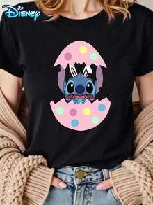 Disney Women's Stitch Easter Bunny Character Short-Sleeved T-Shirt - Pastel Polka Dot Easter Egg Theme Round-Neck Top, Soft Cotton Breathable Fabric, Casual Daily Wear, Suitable For Easter Gatherings - màu đen - Xem 2