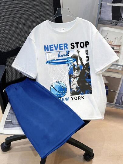 Tween Boy Basketball Print Short Sleeve T-Shirt And Shorts Casual Outfit