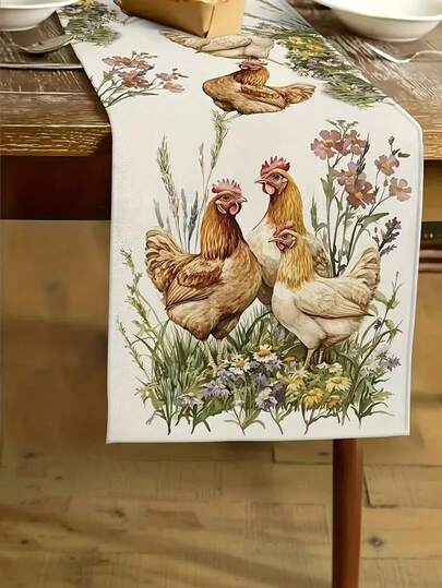 1 pieza, Mantel de lino con diseño de gallina, adecuado para primavera y verano, para uso tanto en interiores como en exteriores, ideal para catering, reuniones familiares, fiestas, aniversarios, bodas y decoraciones festivas