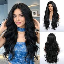 28英寸长自然波浪卷假发，自然黑色假发，中分缝合成纤维假发，耐热长卷假发，适合女性日常、派对、角色扮演、圣诞节、万圣节等场合佩戴。 - 自然黑 - 查看 11