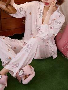 Gongdie 2pcs Disney Marie Cat Print Cotton Long Sleeve Pajama Set For Women, Spring/Autumn - Pink - View 3