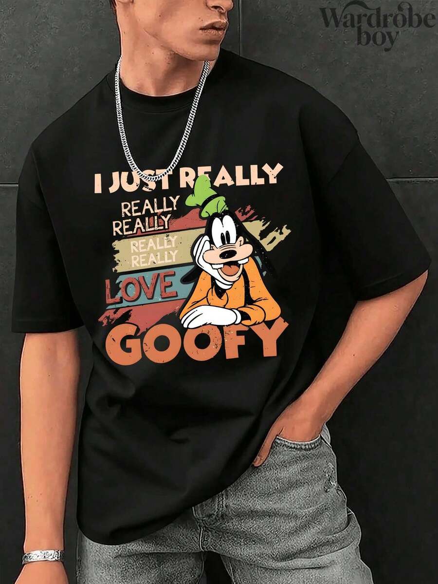 Disney Printed T-Shirt,I Love Goofy Shirts, Disney Cartoon T-Shirts, Unisex,High-Quality Pure Cotton T-Shirt,Suitable For All Seasons, Comfortable And Breathable| Exquisite Design | The Best Choice For Giving Gifts - 黑色 - 查看 1