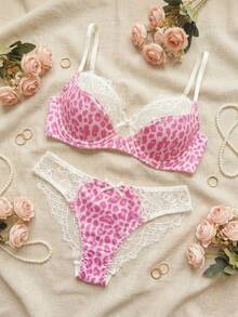 Gothic/Y2K Sweet & Spicy Style Music Festival Party Pink Leopard Lace Comfortable Wire-Free 2 Pieces Set - Hồng - Xem 6